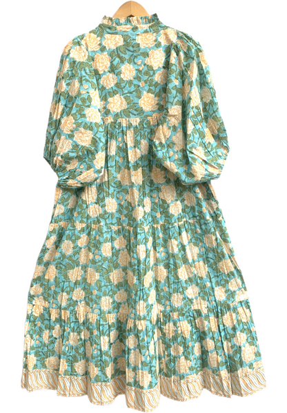 Sea Green Floral Hand Block Printed Cotton Maxi Dress – Boho Puff Sleeve Dress