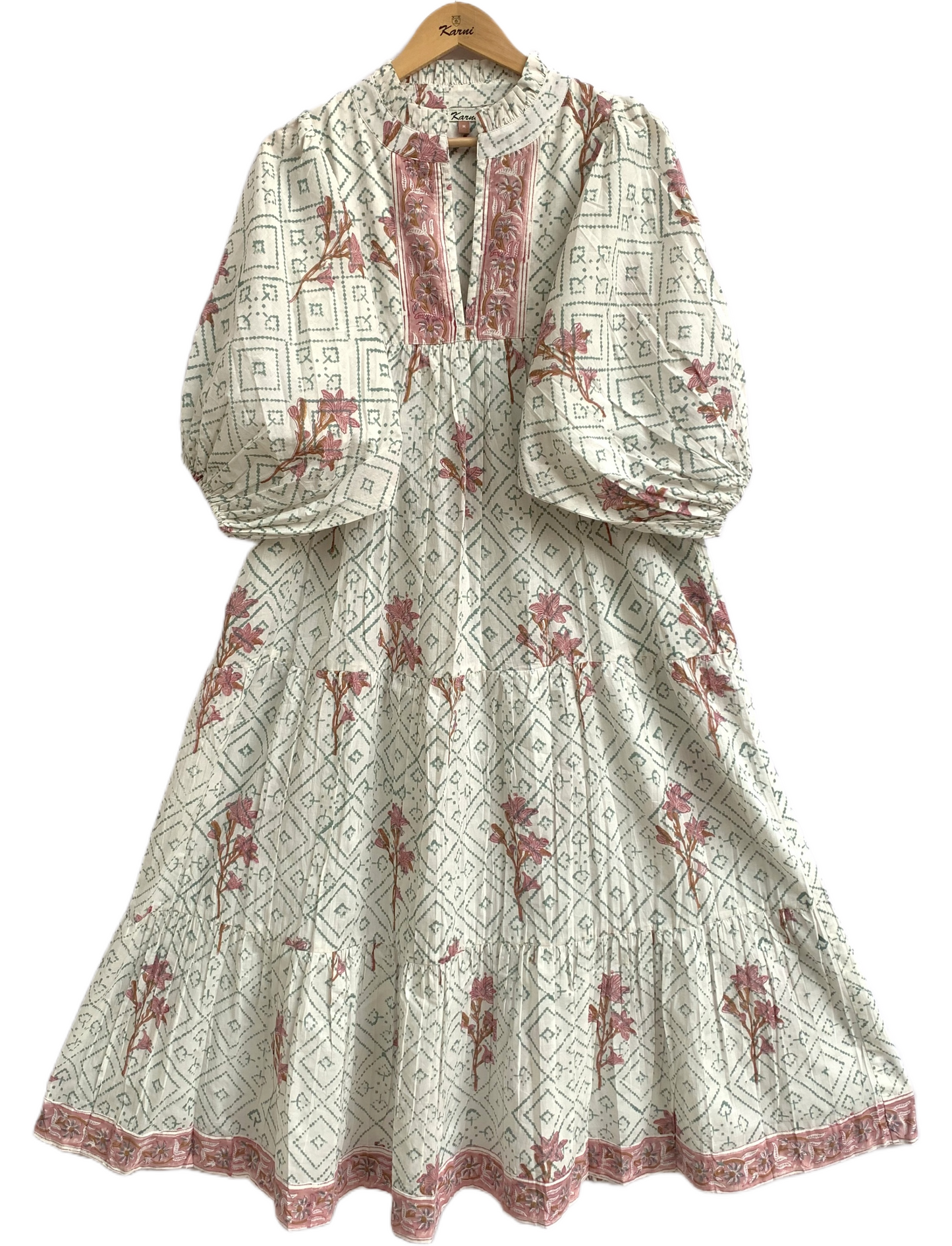Sage Floral Hand Block Printed Cotton Tiered Maxi Dress – Boho Puff Sleeve Dress