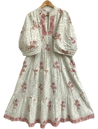 Sage Floral Hand Block Printed Cotton Tiered Maxi Dress – Boho Puff Sleeve Dress