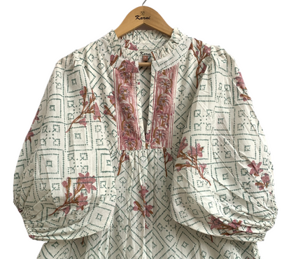 Sage Floral Hand Block Printed Cotton Tiered Maxi Dress – Boho Puff Sleeve Dress