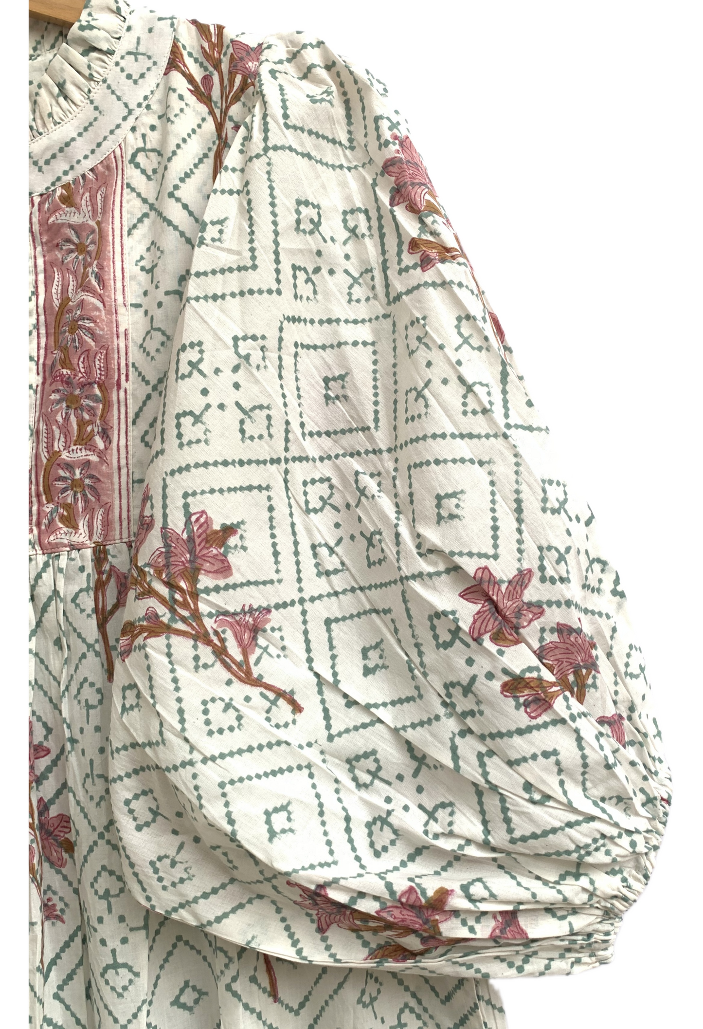 Sage Floral Hand Block Printed Cotton Tiered Maxi Dress – Boho Puff Sleeve Dress