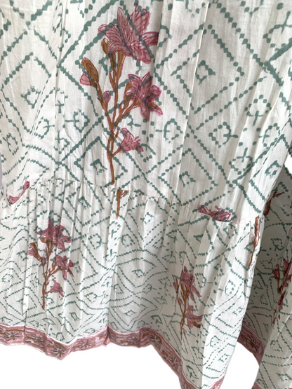 Sage Floral Hand Block Printed Cotton Tiered Maxi Dress – Boho Puff Sleeve Dress