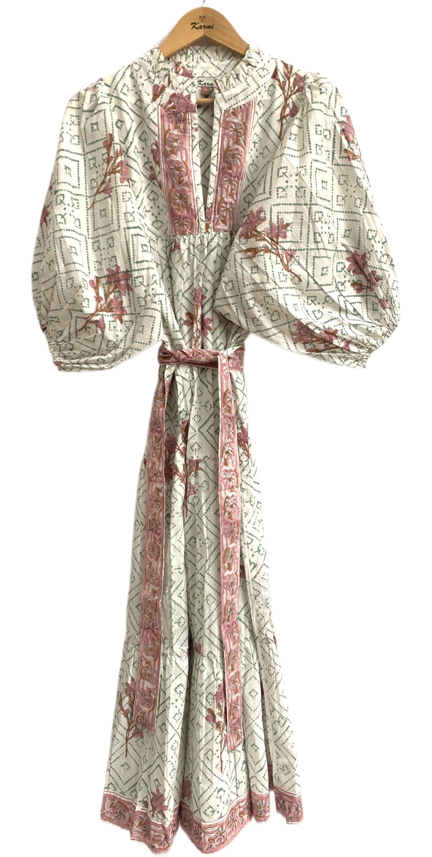 Sage Floral Hand Block Printed Cotton Tiered Maxi Dress – Boho Puff Sleeve Dress