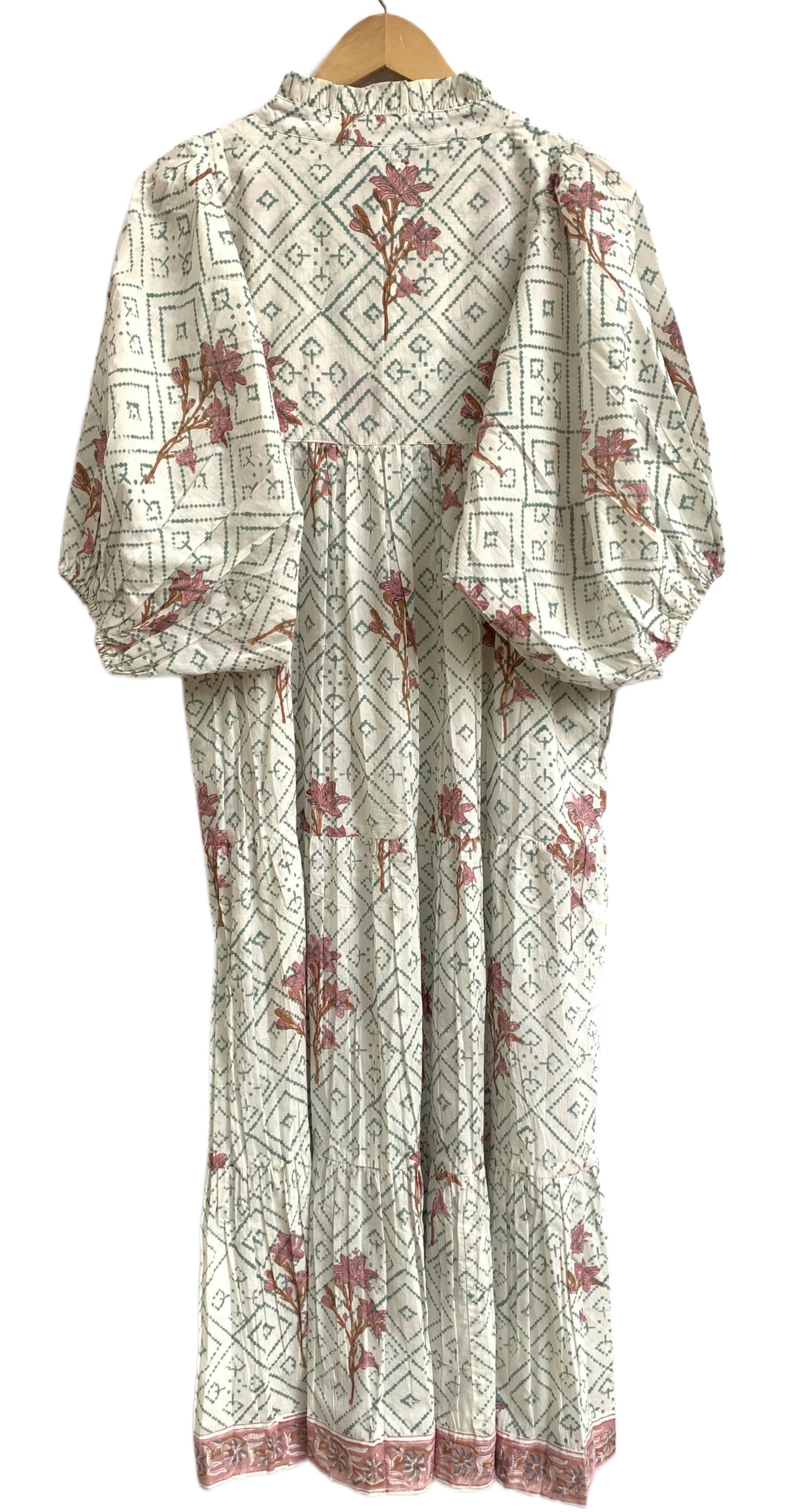 Sage Floral Hand Block Printed Cotton Tiered Maxi Dress – Boho Puff Sleeve Dress