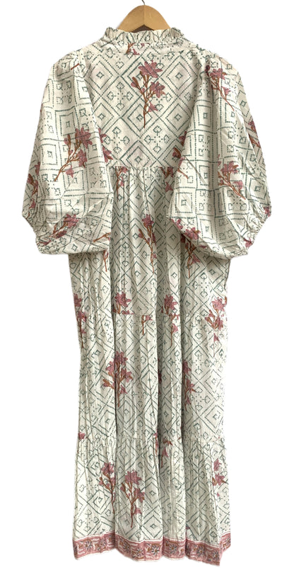 Sage Floral Hand Block Printed Cotton Tiered Maxi Dress – Boho Puff Sleeve Dress