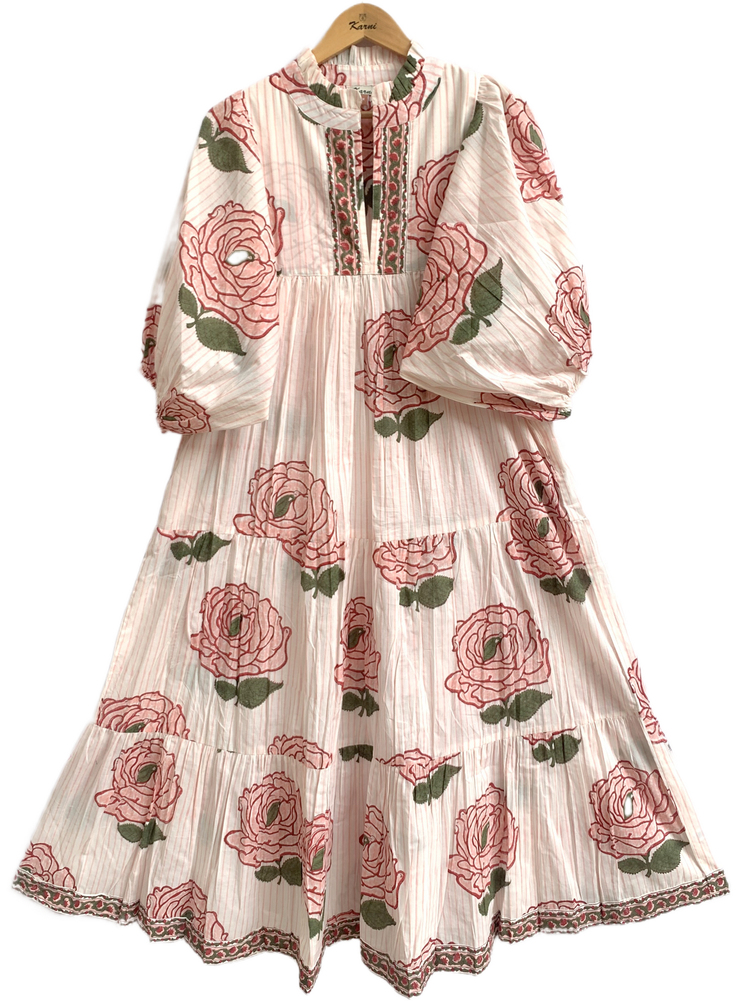 Rose Block Print Cotton Tiered Maxi Dress – Boho Puff Sleeve Dress