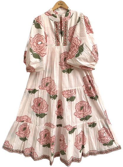Rose Block Print Cotton Tiered Maxi Dress – Boho Puff Sleeve Dress