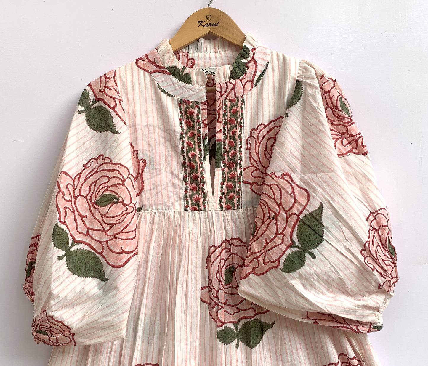 Rose Block Print Cotton Tiered Maxi Dress – Boho Puff Sleeve Dress
