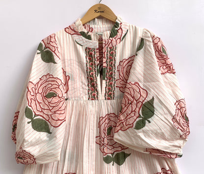 Rose Block Print Cotton Tiered Maxi Dress – Boho Puff Sleeve Dress