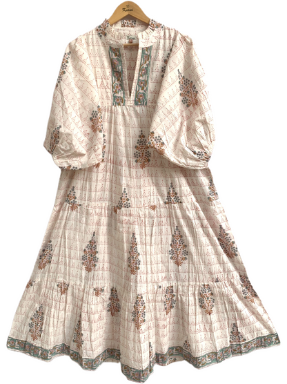Blush Pink Floral Hand Block Print Cotton Maxi Dress – Boho Puff Sleeve Tiered Dress