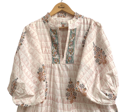 Blush Pink Floral Hand Block Print Cotton Maxi Dress – Boho Puff Sleeve Tiered Dress