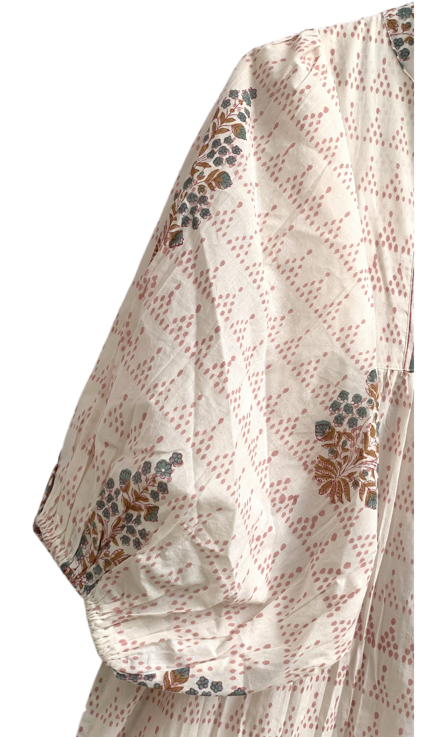Blush Pink Floral Hand Block Print Cotton Maxi Dress – Boho Puff Sleeve Tiered Dress