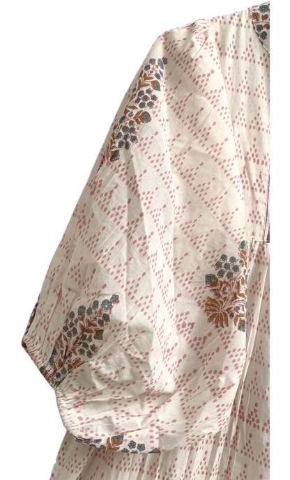 Blush Pink Floral Hand Block Print Cotton Maxi Dress – Boho Puff Sleeve Tiered Dress