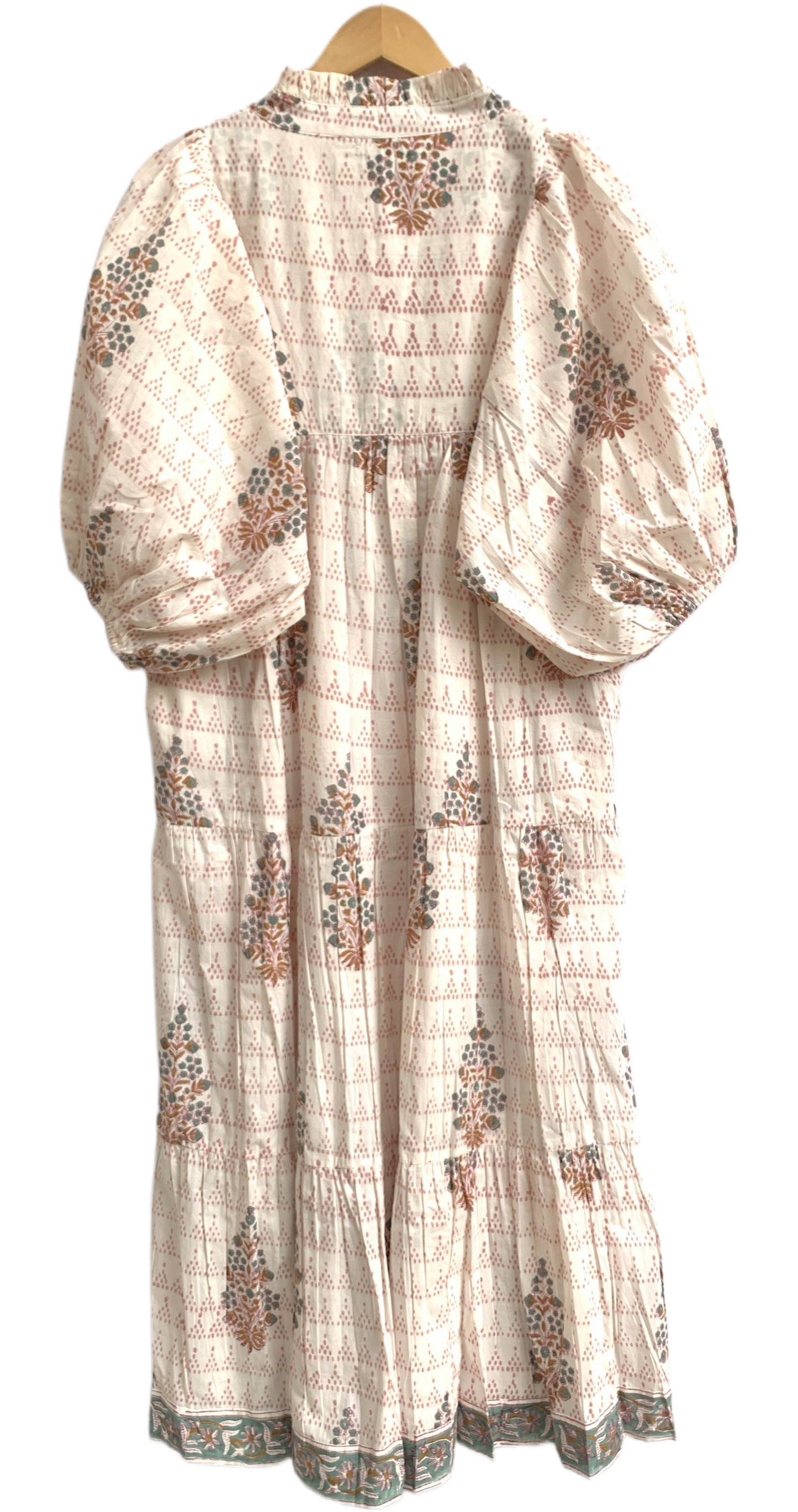 Blush Pink Floral Hand Block Print Cotton Maxi Dress – Boho Puff Sleeve Tiered Dress