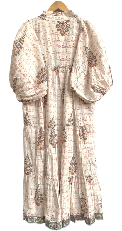 Blush Pink Floral Hand Block Print Cotton Maxi Dress – Boho Puff Sleeve Tiered Dress
