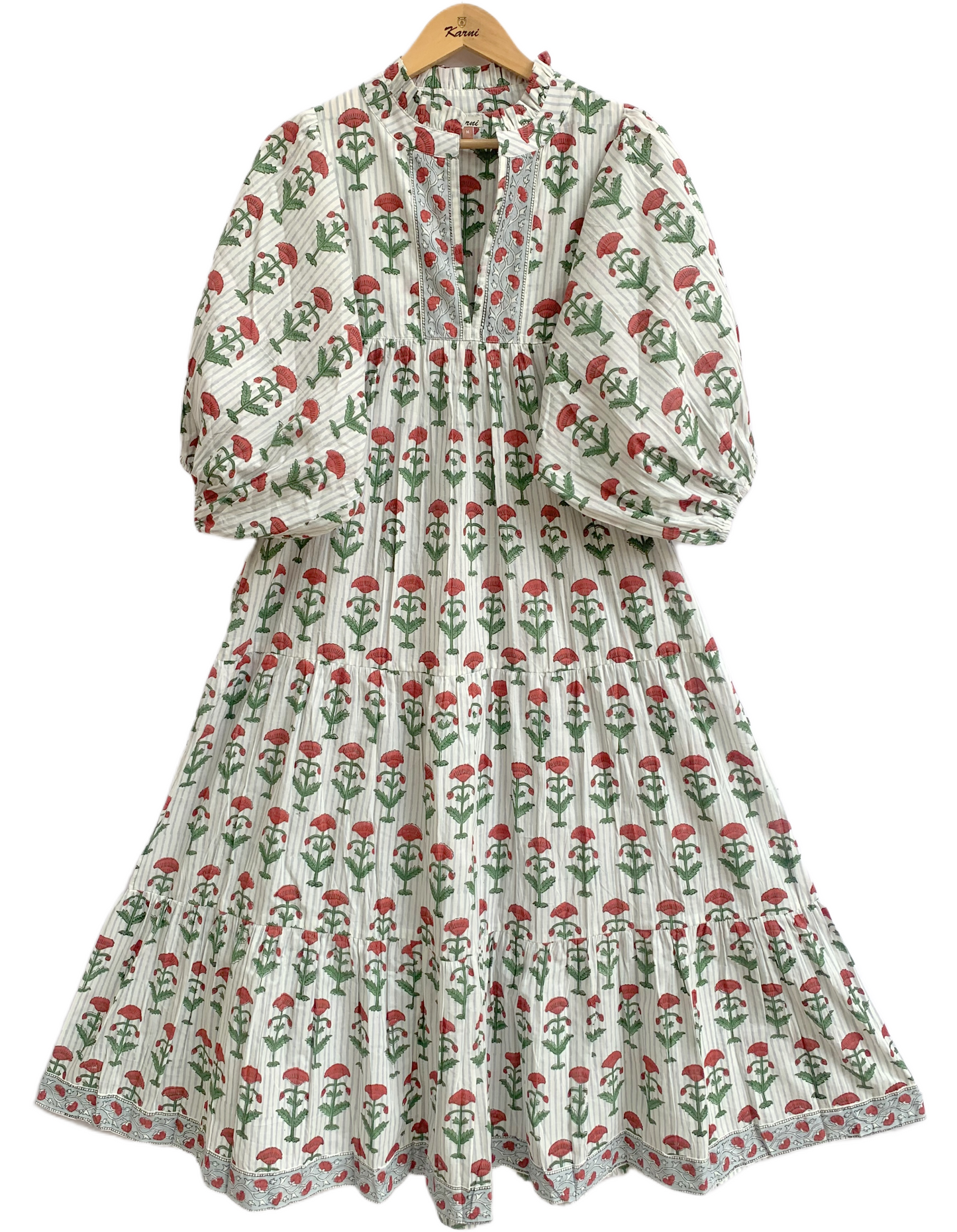 Red Floral Hand Block Print Cotton Maxi Dress – Boho Puff Sleeve Tiered Dress