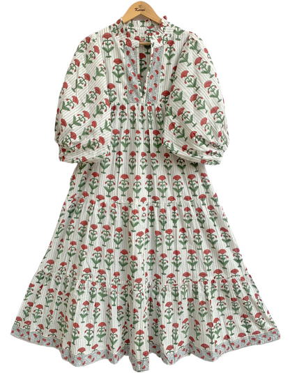 Red Floral Hand Block Print Cotton Maxi Dress – Boho Puff Sleeve Tiered Dress