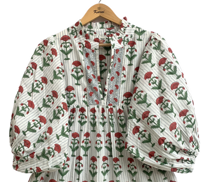 Red Floral Hand Block Print Cotton Maxi Dress – Boho Puff Sleeve Tiered Dress