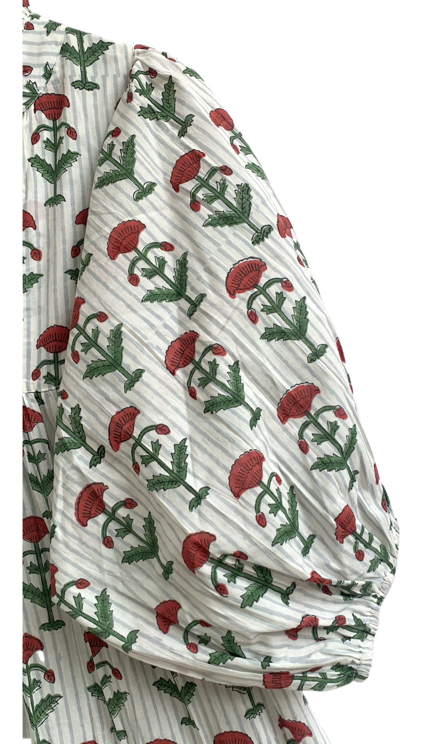 Red Floral Hand Block Print Cotton Maxi Dress – Boho Puff Sleeve Tiered Dress