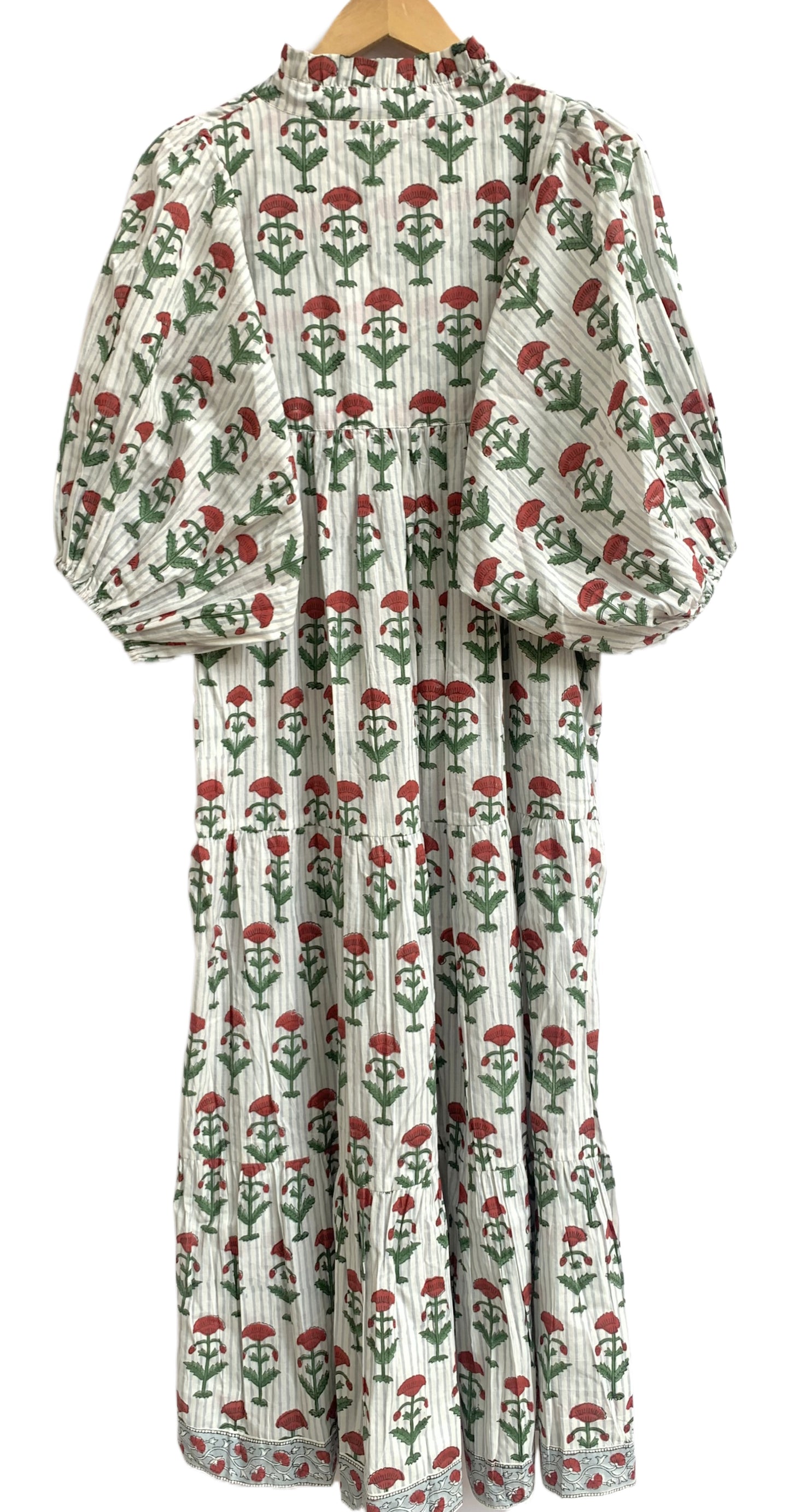 Red Floral Hand Block Print Cotton Maxi Dress – Boho Puff Sleeve Tiered Dress
