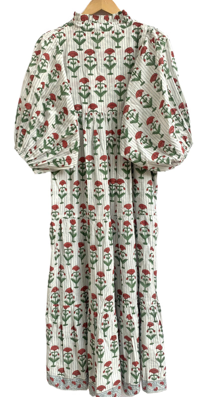 Red Floral Hand Block Print Cotton Maxi Dress – Boho Puff Sleeve Tiered Dress