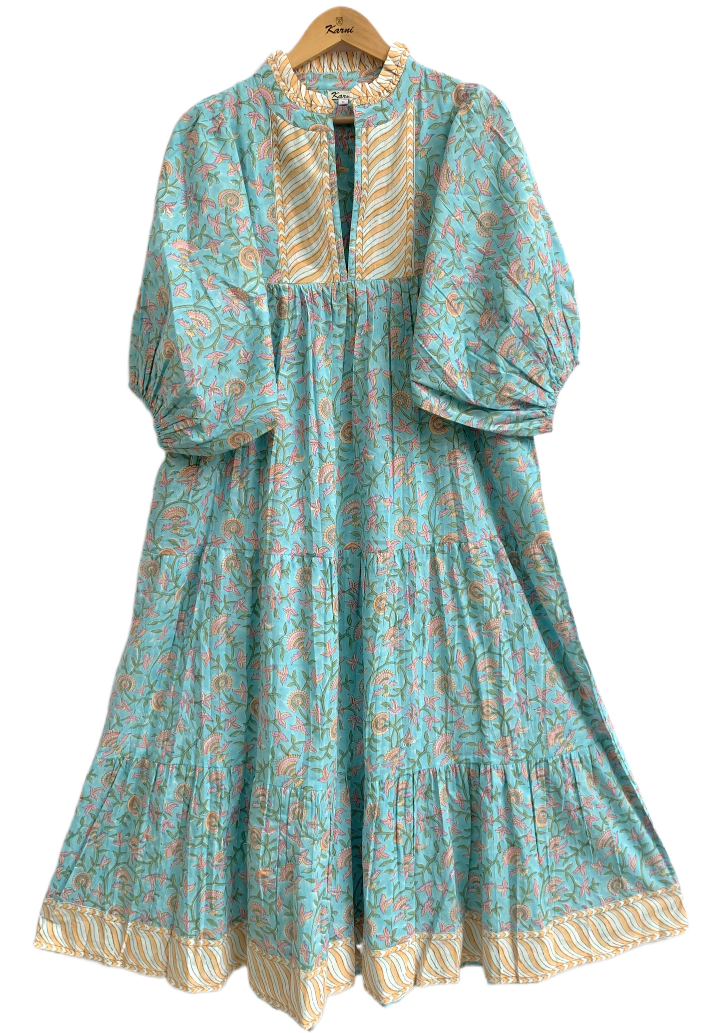 Turquoise Floral Hand Block Print Cotton Maxi Dress – Boho Puff Sleeve Tiered Dress