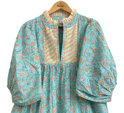 Turquoise Floral Hand Block Print Cotton Maxi Dress – Boho Puff Sleeve Tiered Dress
