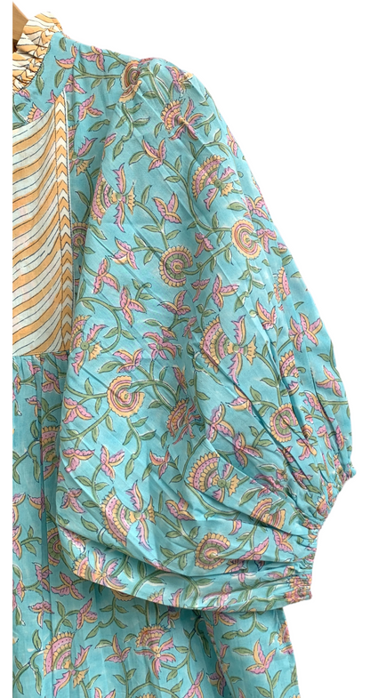 Turquoise Floral Hand Block Print Cotton Maxi Dress – Boho Puff Sleeve Tiered Dress