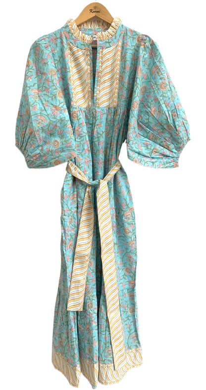 Turquoise Floral Hand Block Print Cotton Maxi Dress – Boho Puff Sleeve Tiered Dress