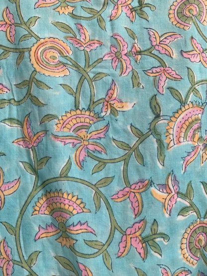 Turquoise Floral Hand Block Print Cotton Maxi Dress – Boho Puff Sleeve Tiered Dress