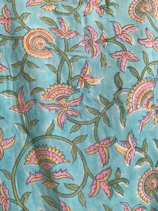 Turquoise Floral Hand Block Print Cotton Maxi Dress – Boho Puff Sleeve Tiered Dress