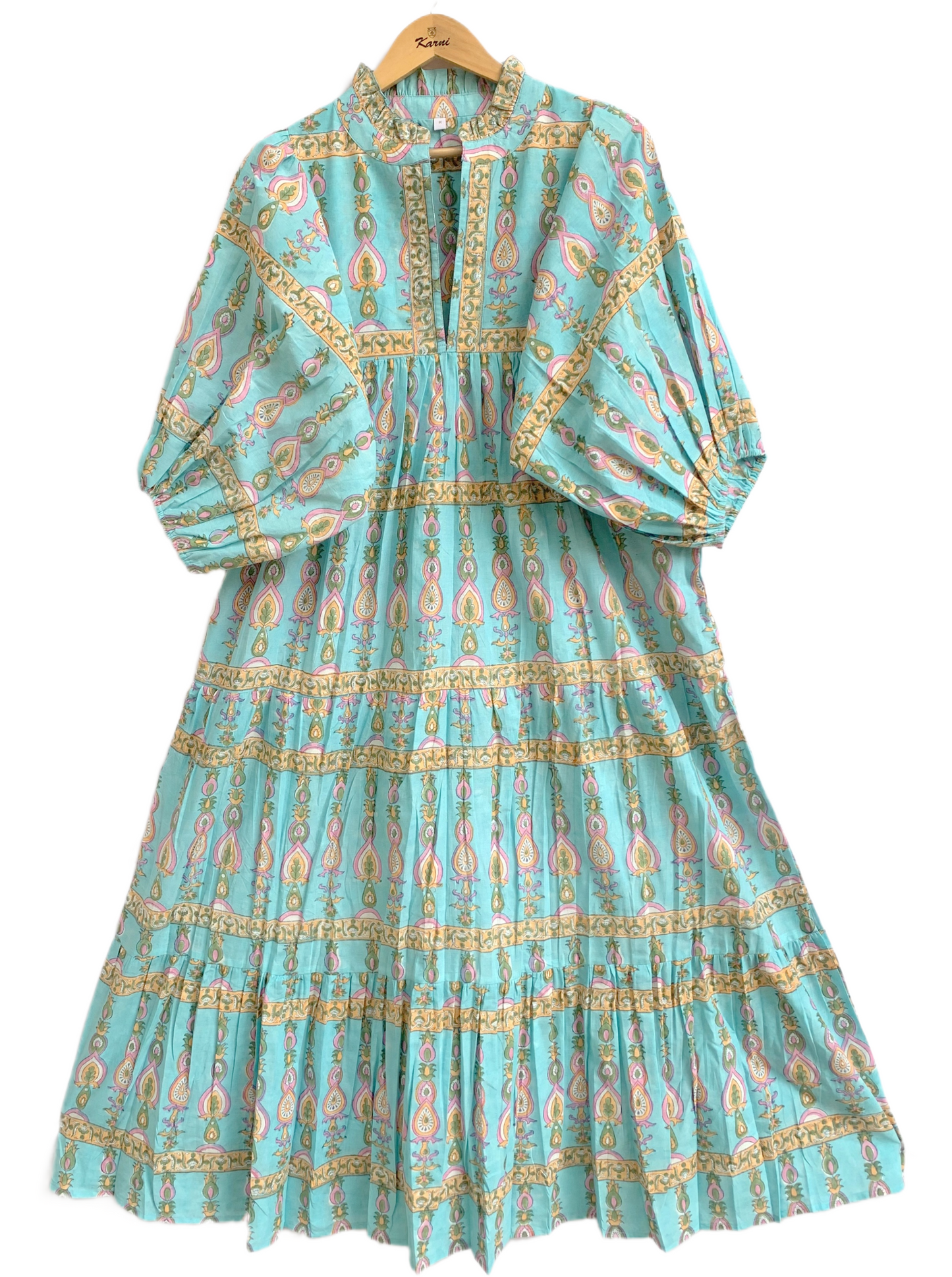 Turquoise Paisley Cotton Maxi Dress – Hand Block Print Boho Puff Sleeve Dress