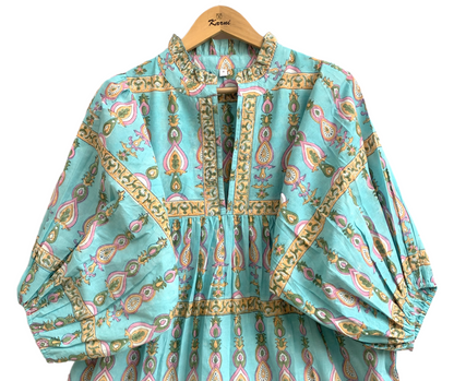 Turquoise Paisley Cotton Maxi Dress – Hand Block Print Boho Puff Sleeve Dress
