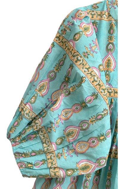 Turquoise Paisley Cotton Maxi Dress – Hand Block Print Boho Puff Sleeve Dress