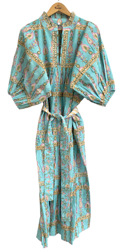 Turquoise Paisley Cotton Maxi Dress – Hand Block Print Boho Puff Sleeve Dress