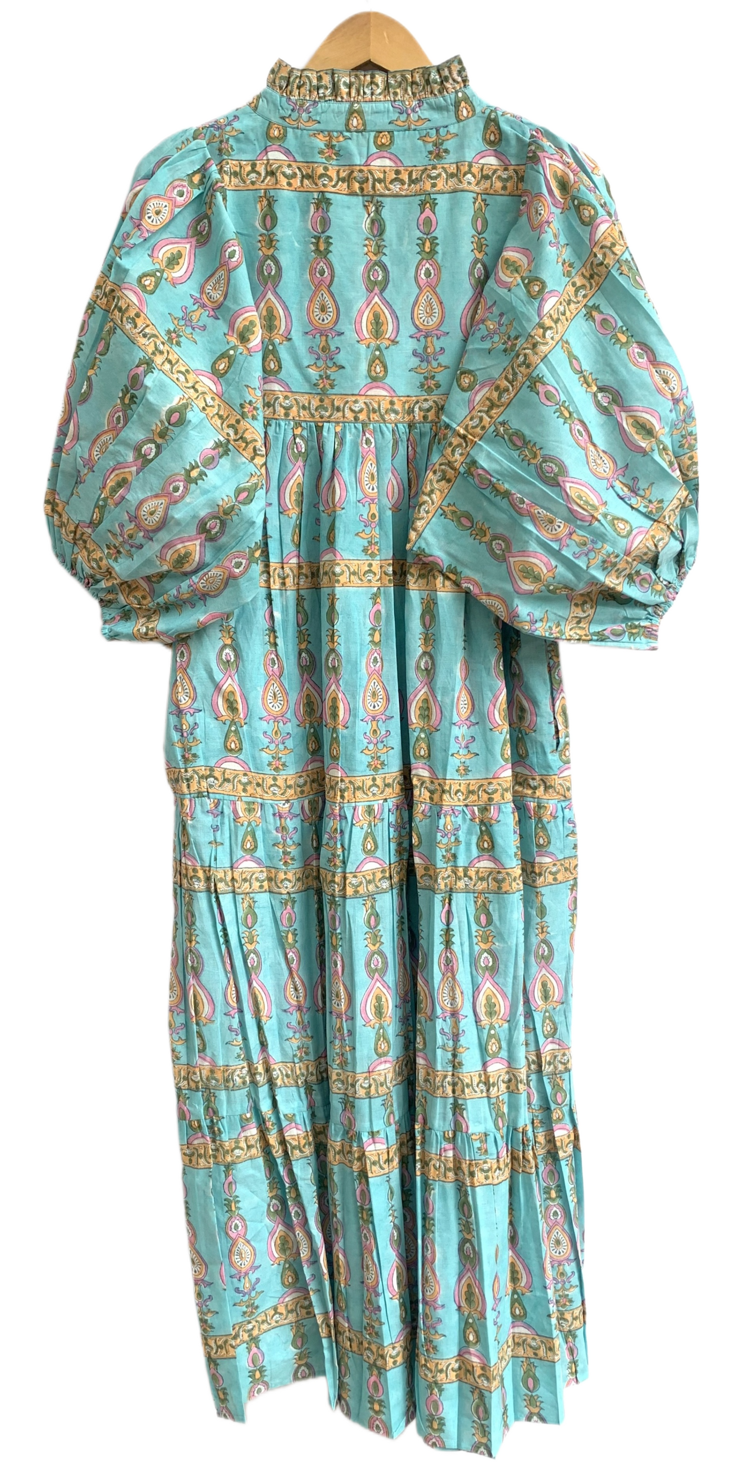 Turquoise Paisley Cotton Maxi Dress – Hand Block Print Boho Puff Sleeve Dress