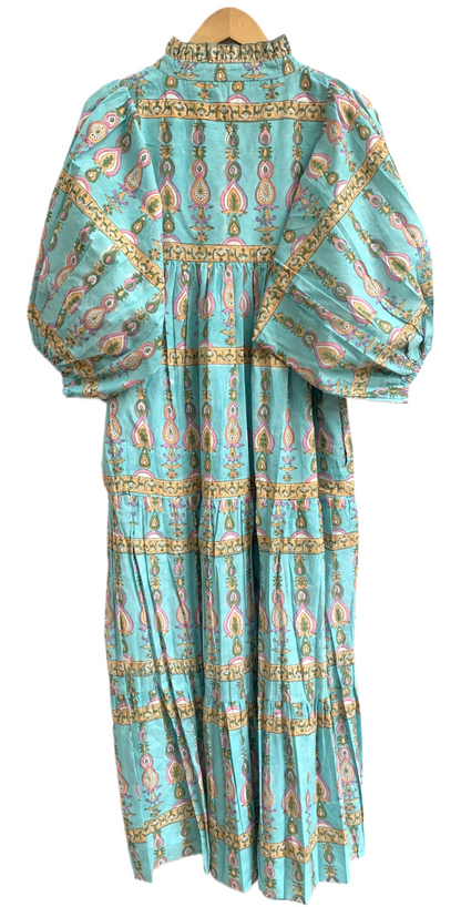 Turquoise Paisley Cotton Maxi Dress – Hand Block Print Boho Puff Sleeve Dress