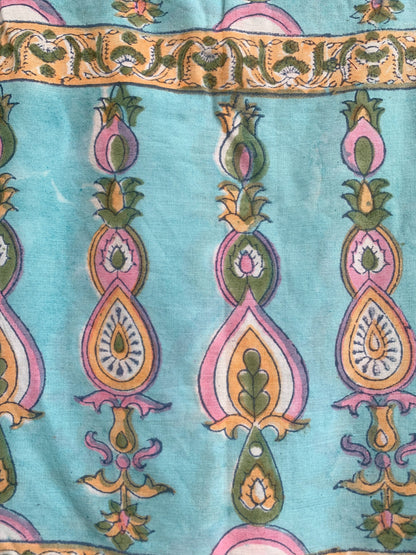 Turquoise Paisley Cotton Maxi Dress – Hand Block Print Boho Puff Sleeve Dress