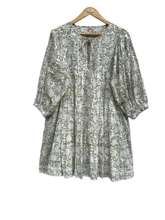 white and brown floral printed mini dress for women