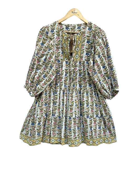 multicoloured leaf print cotton mini dress with balloon sleeves