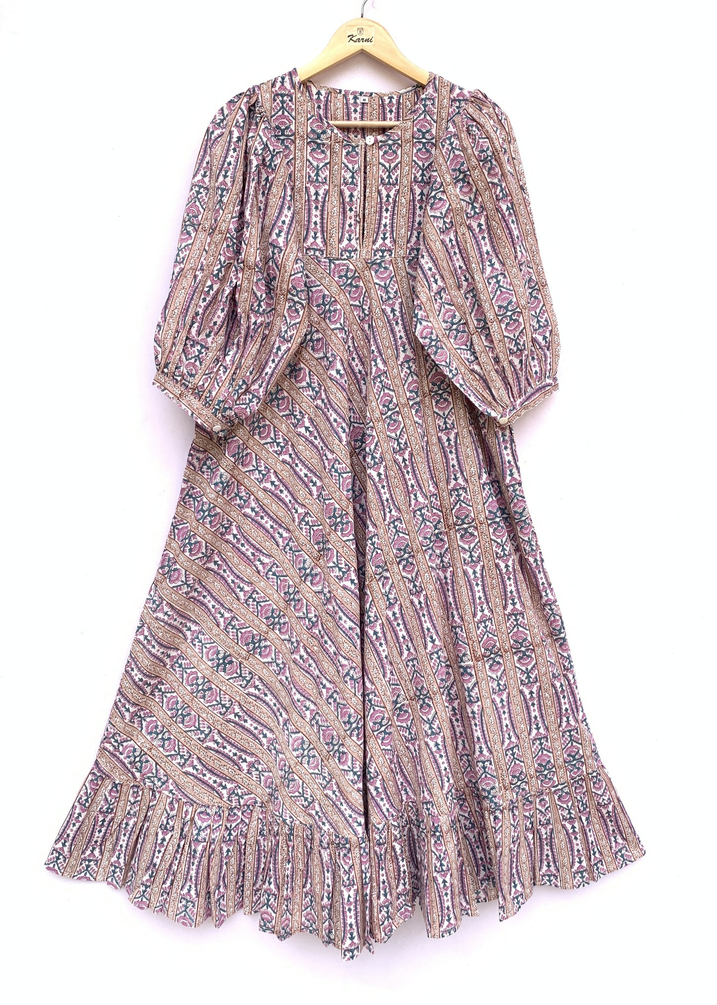 indian cotton purple green floral hand block printed women's maxi dress