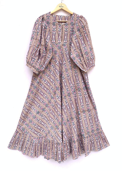 indian cotton purple green floral hand block printed women's maxi dress