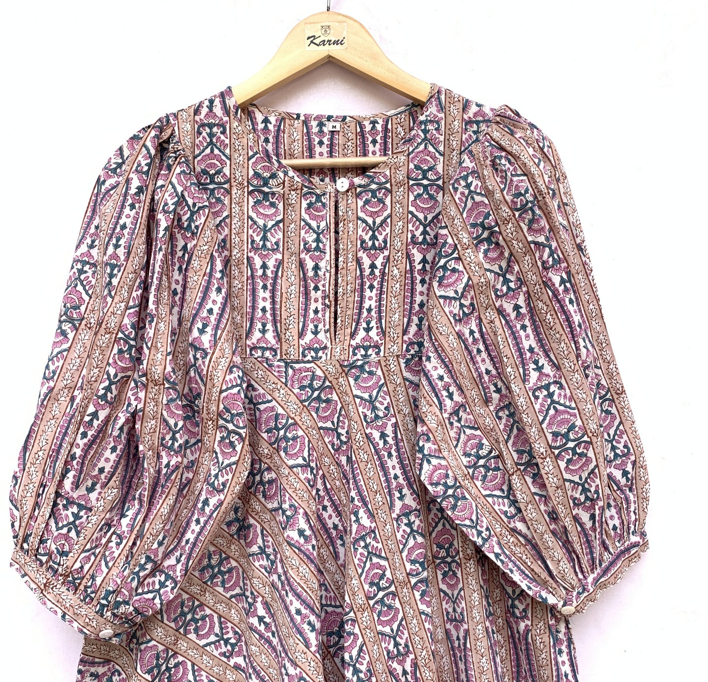 indian cotton purple green floral hand block printed women's maxi dress