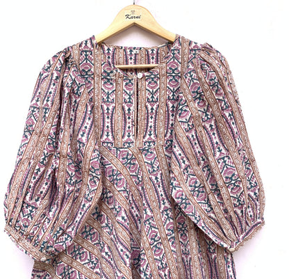 indian cotton purple green floral hand block printed women's maxi dress