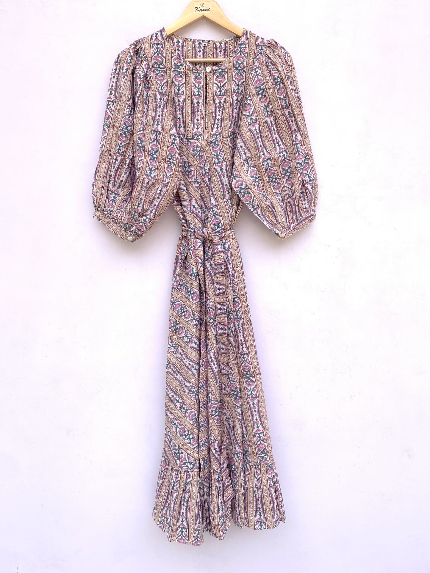 indian cotton purple green floral hand block printed women's maxi dress