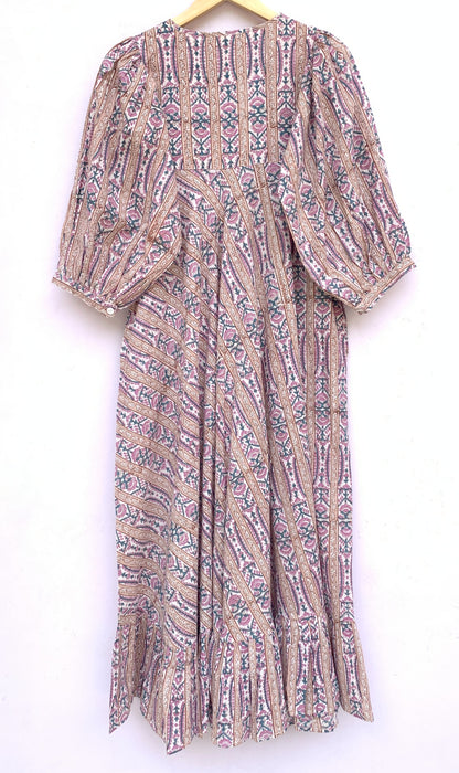 indian cotton purple green floral hand block printed women's maxi dress