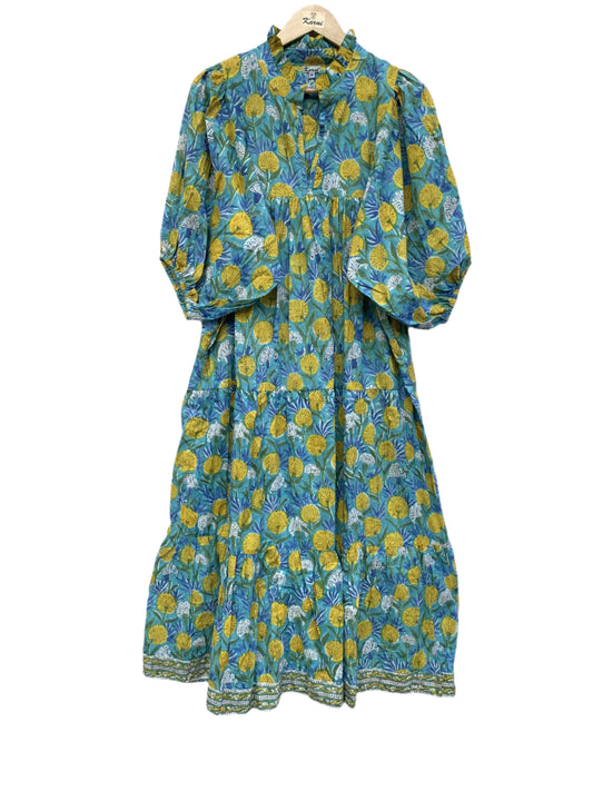 bohemian green-yellow floral block printed women's maxi dress - boho dress with belt