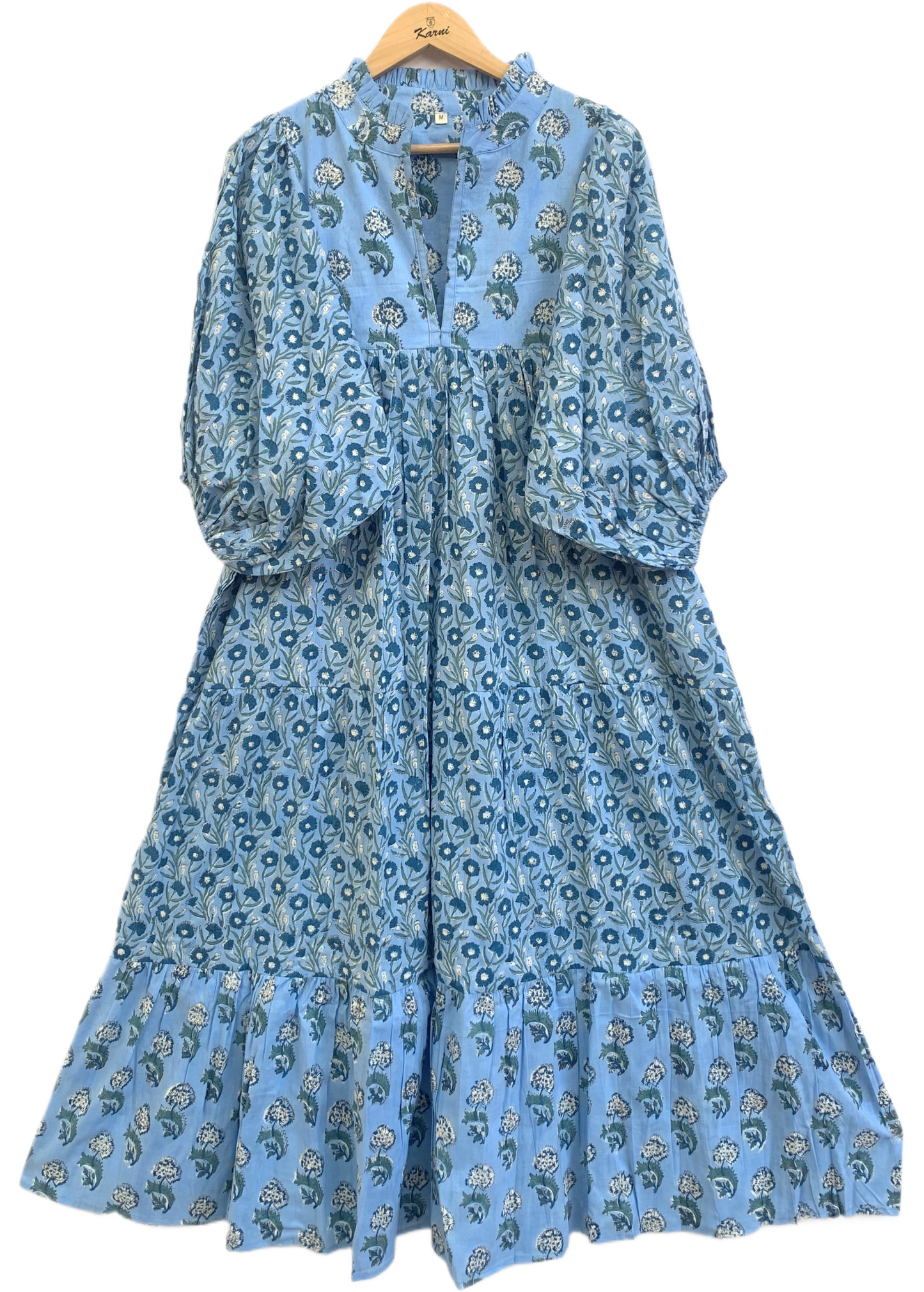Sky Blue Botanical Hand Block Print Cotton Maxi Dress – Boho Puff Sleeve Tiered Style