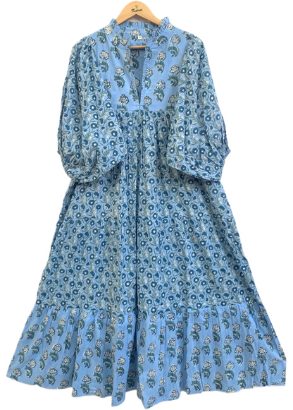 Sky Blue Botanical Hand Block Print Cotton Maxi Dress – Boho Puff Sleeve Tiered Style