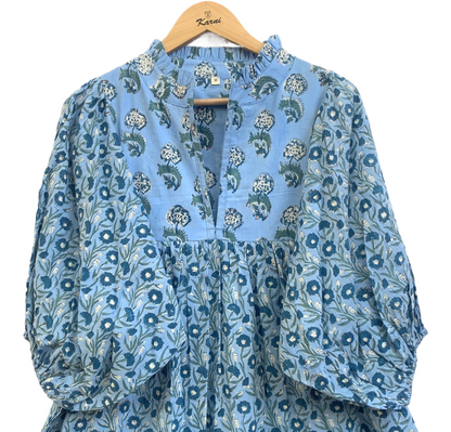 Sky Blue Botanical Hand Block Print Cotton Maxi Dress – Boho Puff Sleeve Tiered Style